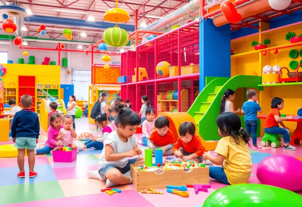 Children enjoying various indoor play activities at a recreation center.